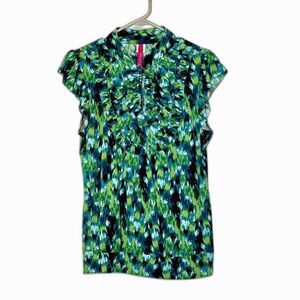 HeartSoul Womens XL Ruffle V-Neck Blouse Green Blue Geometric Y2K Top